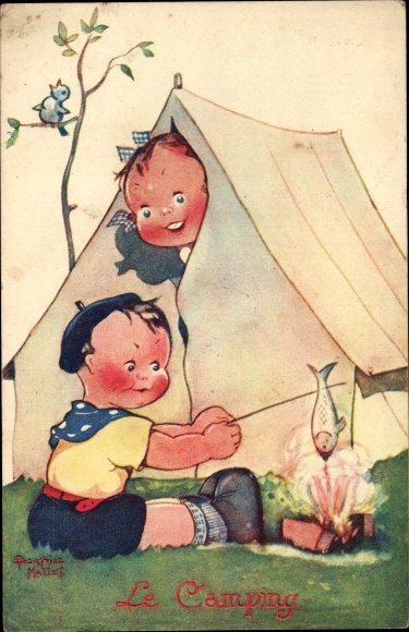 Artists Postcard Mallet, Beatrice, Le Camping, Children Camping, Campfire, Fried Fish