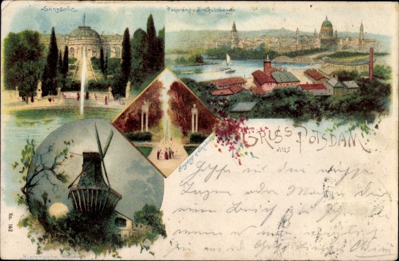 Chromo-Litho Potsdam in Brandenburg, panorama, Sanssouci, windmill, park