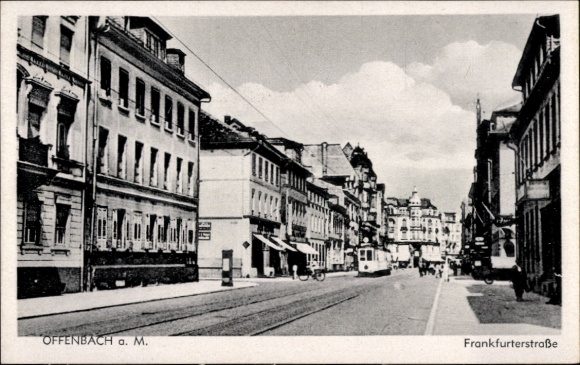 Postcard Offenbach am Main Hessen, Frankfurter Straße, tram, shops
