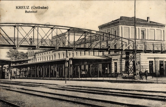 Postcard Krzyż Wielkopolski Cross on the Poznan Eastern Railway, train station, track side