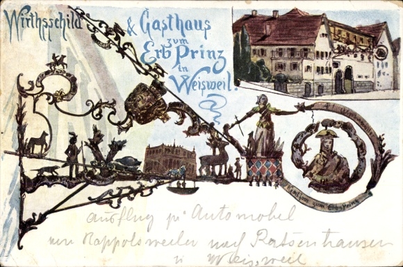 Chromo-Litho Weisweil am Rhein Baden, Inn of the Hereditary Prince, Inn sign