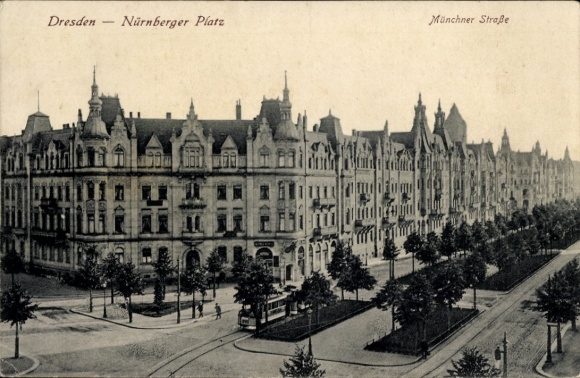 Postcard Dresden Plauen, Nuremberg Square, Munich Street, tram