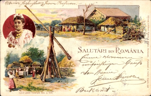 Chromo-Litho Romania, Romanian woman, draw well, village scene