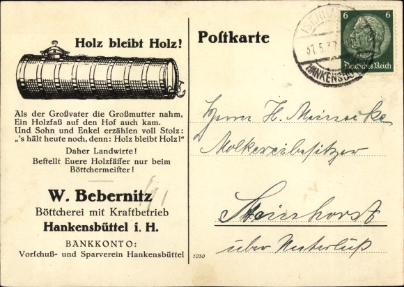 Postcard W. Bebernitz, cooperage with power operation in Hakensbüttel