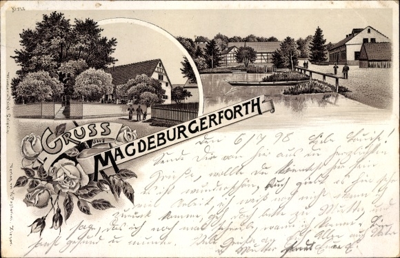 Litho Magdeburgerforth Möckern in Jerichower Land, vijver, straatgedeelte in de stad