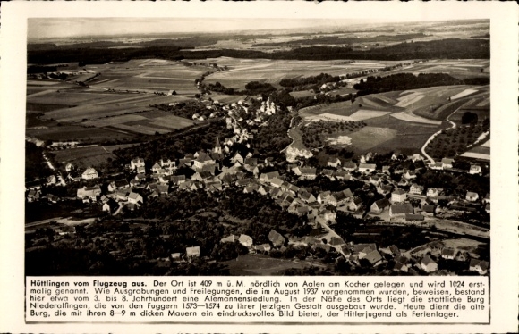 Postcard Hüttlingen in Württemberg, Hüttlingen from the plane, town 409 m above sea level, near Aalen, Alemanni