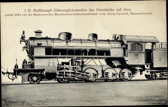 Postcard Indonesian Railways, 1 D freight locomotive, State Railways on Java, Hanomag, steam locomotive