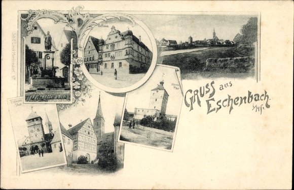 Ak Wolframs Eschenbach Midden-Franken, Wolfram-monument, beneden- en bovenpoort, kerk, gemeentehuis