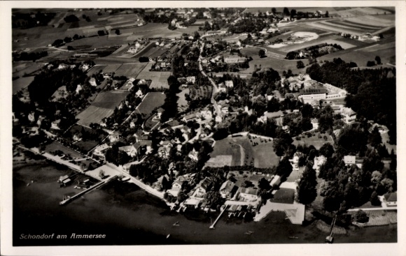 Ak Schondorf am Ammersee Opper-Beieren, luchtfoto van Schondorf, Ammersee, wateroppervlak, huizen,