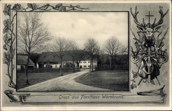 Passepartout PC Wörnbrunn Grünwald in the district of Munich Upper Bavaria, view of the forester&#39;s lodge, antlers