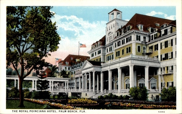Ak Palm Beach Florida USA, Royal Poinciana Hotel, architectuur, bloeiende bloemen, Amerikaanse fl