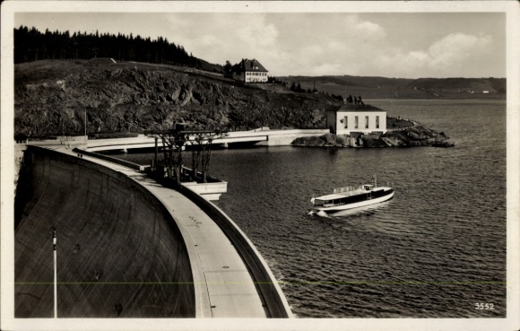Postcard Hohenwarte Thuringia, Saale dam, large water reservoir, view, boat on the