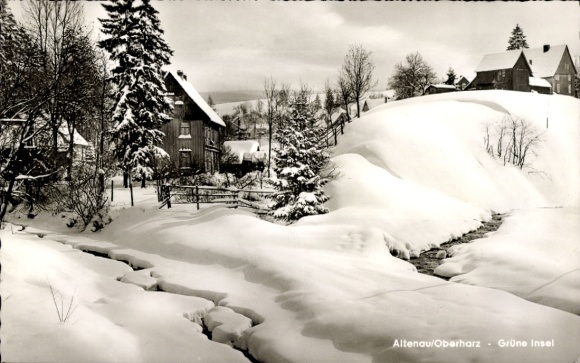 Postcard Altenau Clausthal Zellerfeld in the Upper Harz, snow-covered houses, fir trees and a river