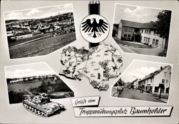 Postcard Baumholder Rhineland Palatinate, military training area, tank, street view