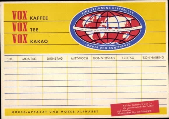 Timetable VOX coffee tea cocoa, Morse alphabet and Morse apparatus around 1960