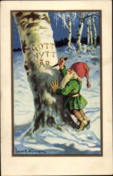 Artist Postcard Nyström, Jenny, Happy New Year, dwarf carves into a tree