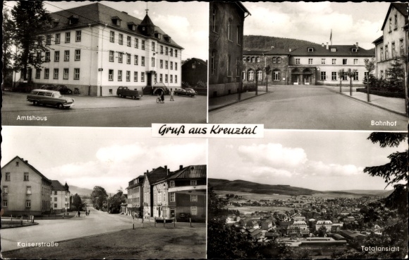 Postcard Kreuztal in Westphalia, office building, train station, Kaiserstrasse, total view
