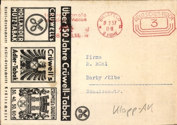 Klapp Postcard advertising, Crüwell-Tabak, Bielefeld, price list