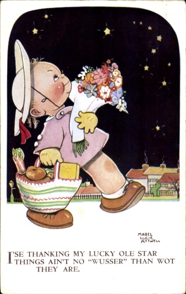 Künstler Ak Attwell, Mabel Lucy, Mädchen mit Blumen, Sternen