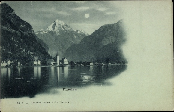 Ak Flüelen Kanton Uri Schweiz,  Berglandschaft, See, Mond,  
