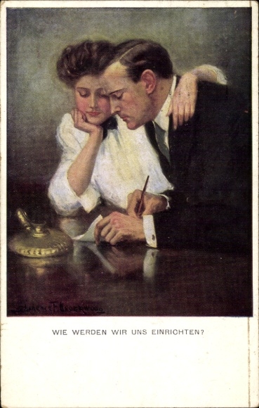 Kunstenaar Ak Hoe zullen we het opzetten, geliefden aan het bureau, man die een brief schrijft