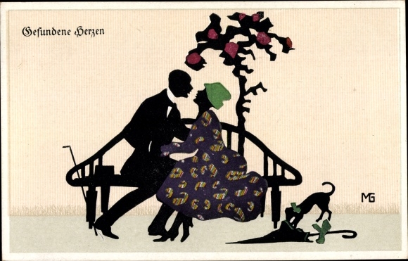 Paper cut PC Graf, Marte, Fasto silhouettes, found hearts, lovers on a bench