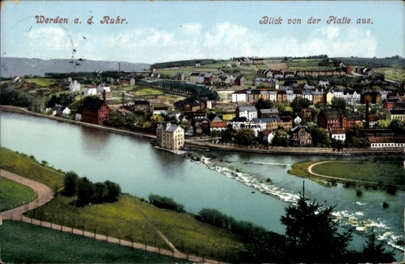 Postcard Werden Essen in the Ruhr area, view from the plateau, river Ruhr, built-up banks, factories, w...