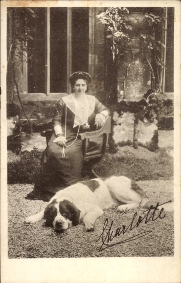 Postcard Queen Charlotte of Württemberg with St. Bernard, printed autograph, Württemb. Landesverein