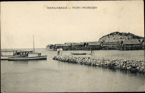 Postcard Hanuabada Papua New Guinea, Port Moresby, shoreline, boats, stilt houses over the water