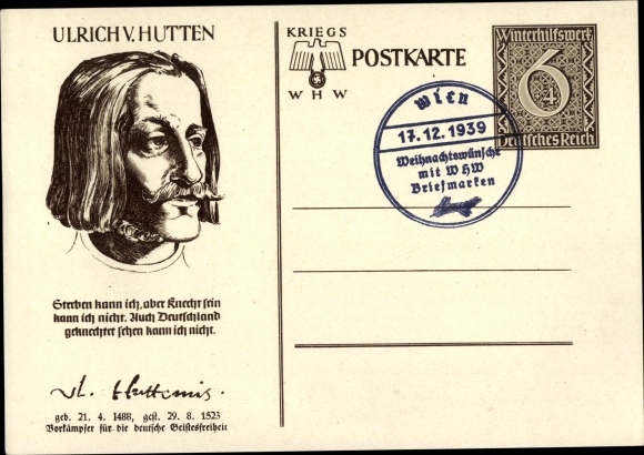 Postal stationery PC Ulrich von Hutten, portrait, war WHW