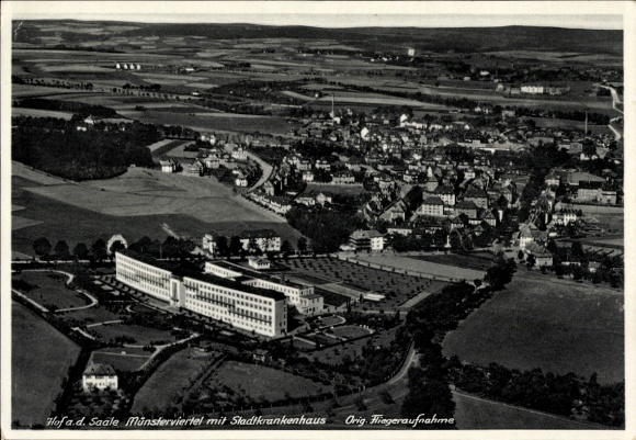 Postcard Hof an der Saale Upper Franconia Bavaria, aerial photograph, city hospital, Münsterviertel, original here