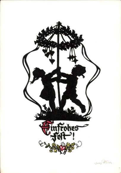 Scherenschnitt Künstler Ak Plischke, G., Glückwunsch, Spielende Kinder, Maibaum