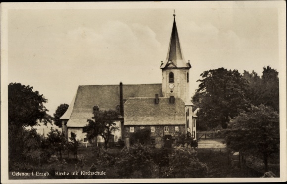 Postcard Gelenau in the Erzgebirge of Saxony, view of the church with the church school