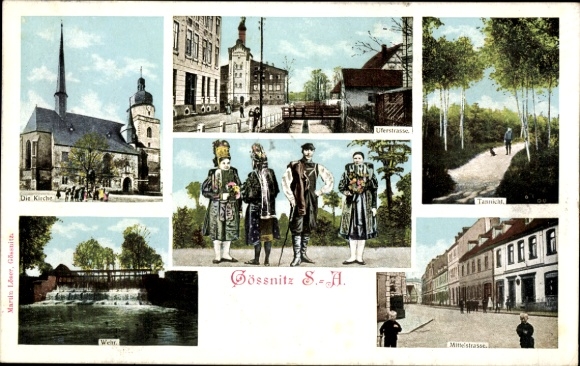 Ak Gößnitz in Thüringen, Kirche, Uferstraße, Mittelstraße, Wehr