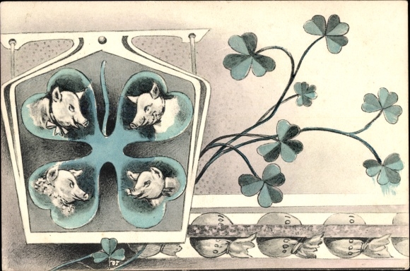 Postcard Lucky Pigs, Clover Leaves