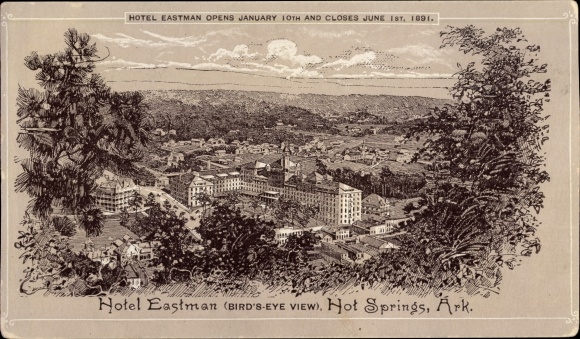 Litho Hot Springs Arkansas, Hotel Eastman, panorama vanaf de camping