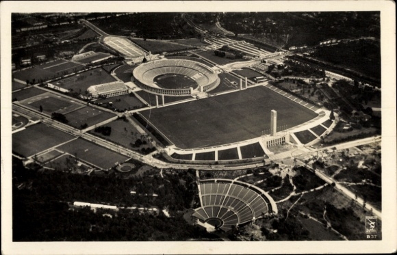 Postcard Berlin Charlottenburg Westend, aerial photograph, Reichssportfeld, stadium, Dietrich Eckardt stage