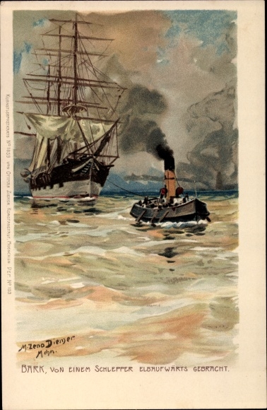 Artist Chromo-Litho Diemer, Zeno, Bark, brought up the Elbe by a tugboat