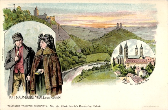 Künstler Litho Starck, R., Naumburg an der Saale, Dom, Paar in Tracht, Rudelsburg, Mann mit Pfeife
