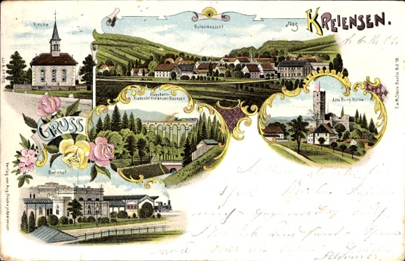 Litho Kreiensen Einbeck Niedersachsen, Kirche, Bahnhof, Eisenbahnviadukt, Alte Burgruine, Totale