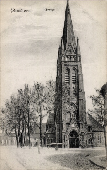Ak Elmshorn in Holstein, kerktoren, bomen, architectuur