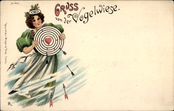 Chromo-Litho Dresden Altstadt Johannstadt, Vogelwiese fairground, woman with target, heart, arrows