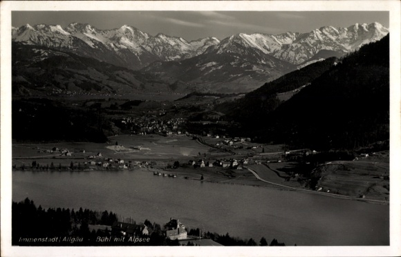 Postcard Immenstadt im Allgäu Swabia, view of the Alpsee, surrounding mountains and villages, schw...