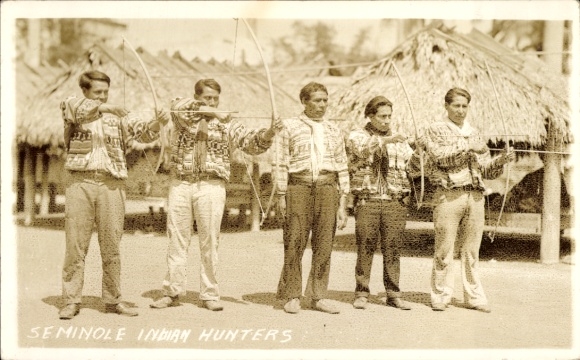 Photo Postcard American folk types, hunters, archers, bow