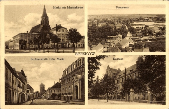 Ak Beeskow in der Mark, Kaserne, Markt, Marienkirche, Berlinerstraße, Panorama