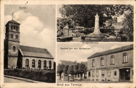 Postcard Tarmow Fehrbellin in Brandenburg, church, war memorial, inn