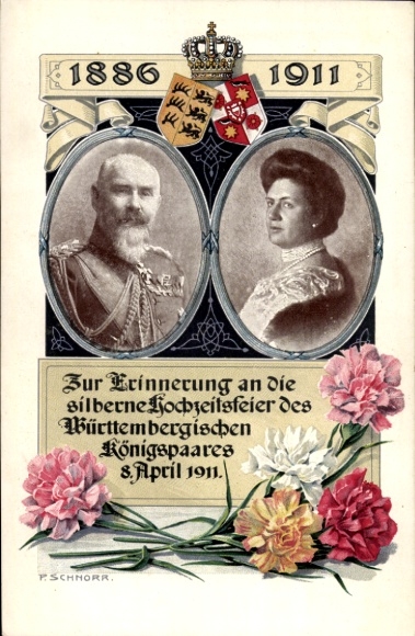 Artist Postcard Schnorr, King Wilhelm II of Württemberg, Queen Charlotte, Silver Wedding 1911, Coat of Arms