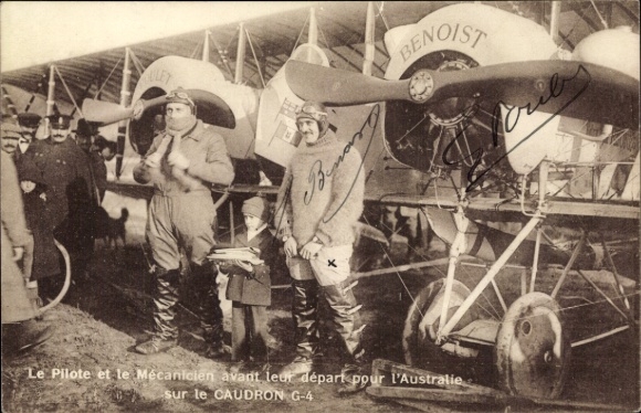 PC Le Pilote et le Mecanicien avant leur depart pour l'Australie sur le Caudron G-4, autograph