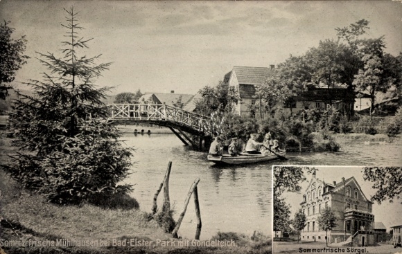 Postcard Bad Elster in Vogtland, park with gondola, bridge, trees, people in boat, summer resort