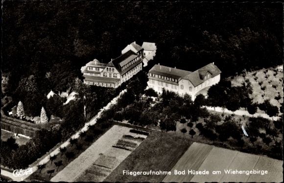 Ak Hüsede Bad Essen in Nedersaksen, luchtfoto Bad Hüsede, eigenaar E. Meyerskötter